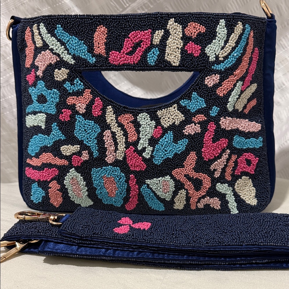 Beaded Navy Multi-Color Cutout Handle Shoulder Bag